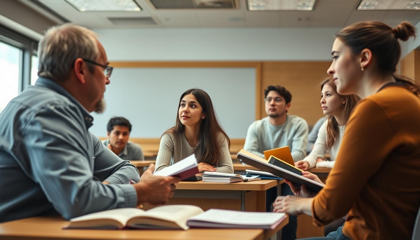 Students studying together in modern classroom
